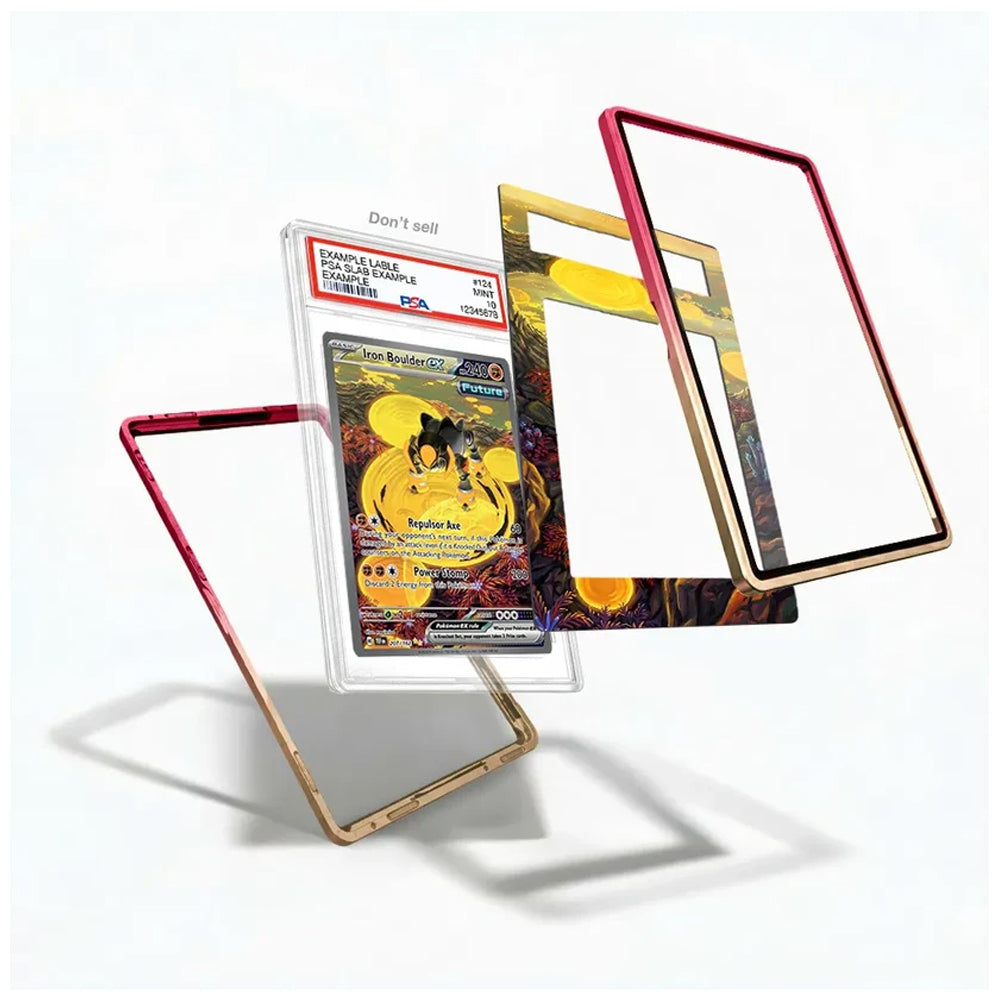 A set of four custom phone cases arranged in a floating, exploded view on a white background. The cases feature different color and pattern options: a translucent red case, a gold-framed case, a gold and black patterned case, and a clear case with a red border.