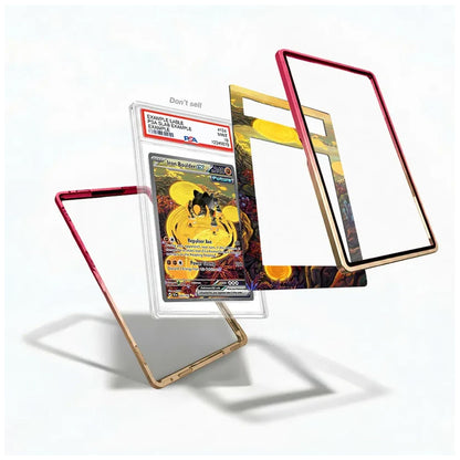 A set of four custom phone cases arranged in a floating, exploded view on a white background. The cases feature different color and pattern options: a translucent red case, a gold-framed case, a gold and black patterned case, and a clear case with a red border.