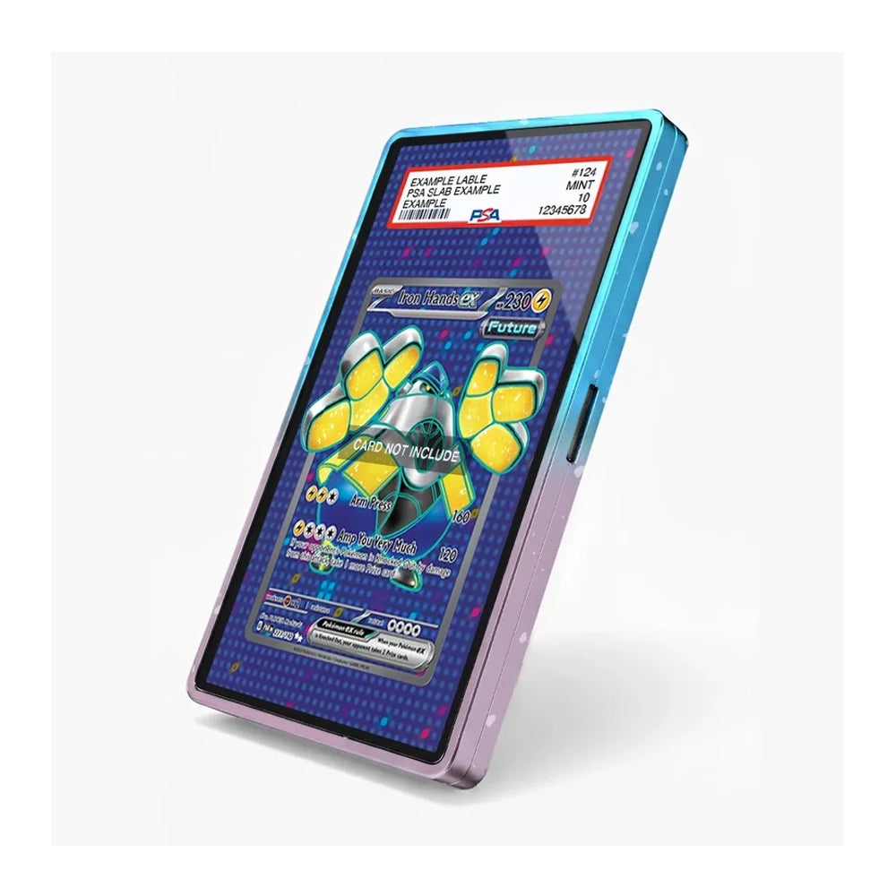 A slim rectangular tablet or e-reader device shown standing at an angle on a light gray studio background. The front display shows a colorful card game or app interface with a blue-purple patterned background and a yellow-green character graphic.