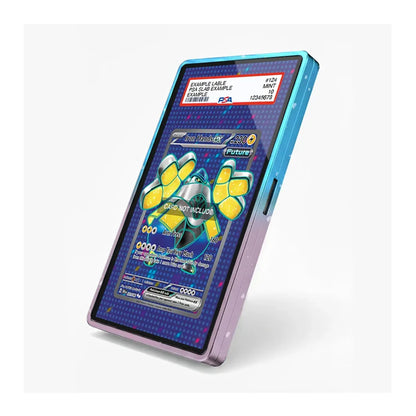 A slim rectangular tablet or e-reader device shown standing at an angle on a light gray studio background. The front display shows a colorful card game or app interface with a blue-purple patterned background and a yellow-green character graphic.
