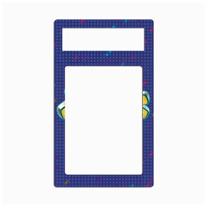 A rectangular light switch plate cover featuring a dark blue background with a subtle grid pattern, colorful confetti dots, and a small cartoon character peeking out from the sides.