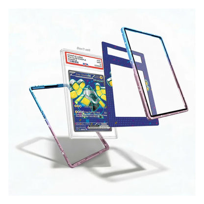 Three transparent protective phone cases with colorful gradient edges (blue, pink, purple) are shown floating around a graded Pokémon TCG card on a clean white background.