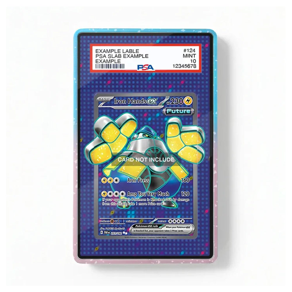 A PSA graded protective slab for a Pokémon Iron Hands EX card, showing a blue and purple holographic card insert with yellow claw graphics, on a clean white background.
