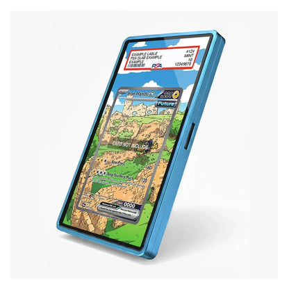 A blue protective phone case shown at an angle on a light gray background, displaying a sample fantasy map screen design on its screen.