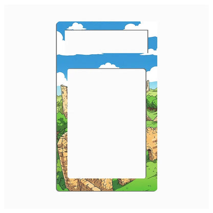 A rectangular light switch plate cover featuring a colorful cartoon landscape with blue sky, white clouds, green grass, and tan stone ruins, shown on a plain white background.