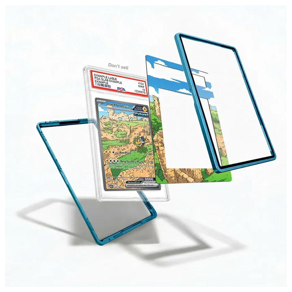 A set of transparent smartphone screen protectors with a metallic blue edge, shown floating in an exploded view alongside a Pokémon trading card and a printed insert on a white background.