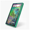 A green protective case around a tablet displaying a holographic collectible card, shown on a clean white background.