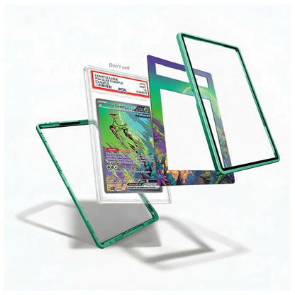 Three transparent acrylic card protectors with green-tinted edges are shown floating at different angles on a white background, with a graded Pokémon TCG card partially visible inside one protector to demonstrate use.