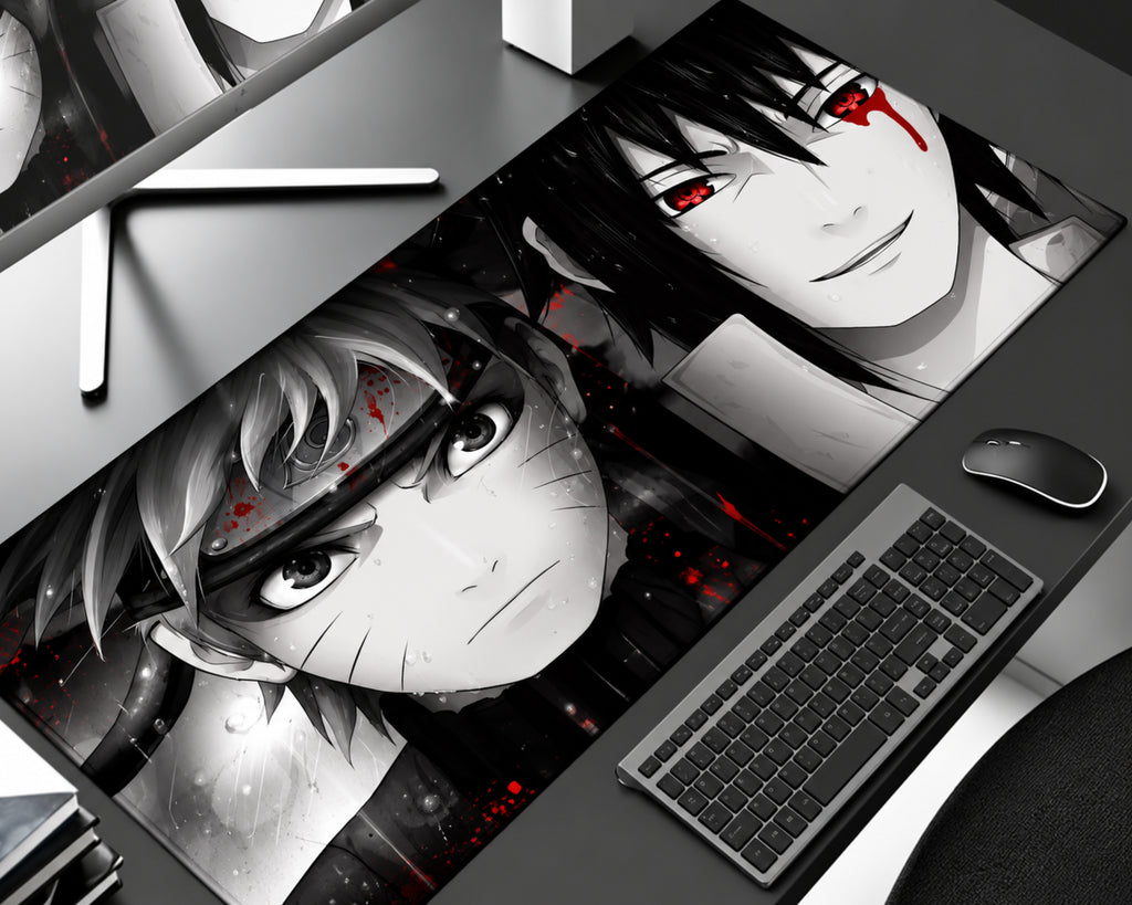 Itachi Uchiha and Naruto Uzumaki anime gaming mouse pad featuring grayscale character portraits, glowing red Sharingan eyes, black and white manga artwork, and dramatic red splatter accents.