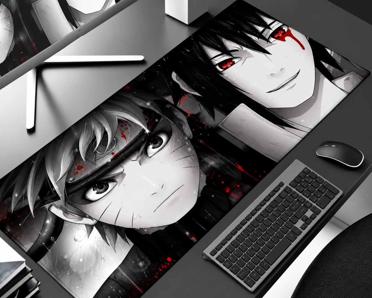 Itachi Uchiha and Naruto Uzumaki anime gaming mouse pad featuring grayscale character portraits, glowing red Sharingan eyes, black and white manga artwork, and dramatic red splatter accents.