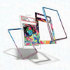 Colorful trading card with protective cases on a white background