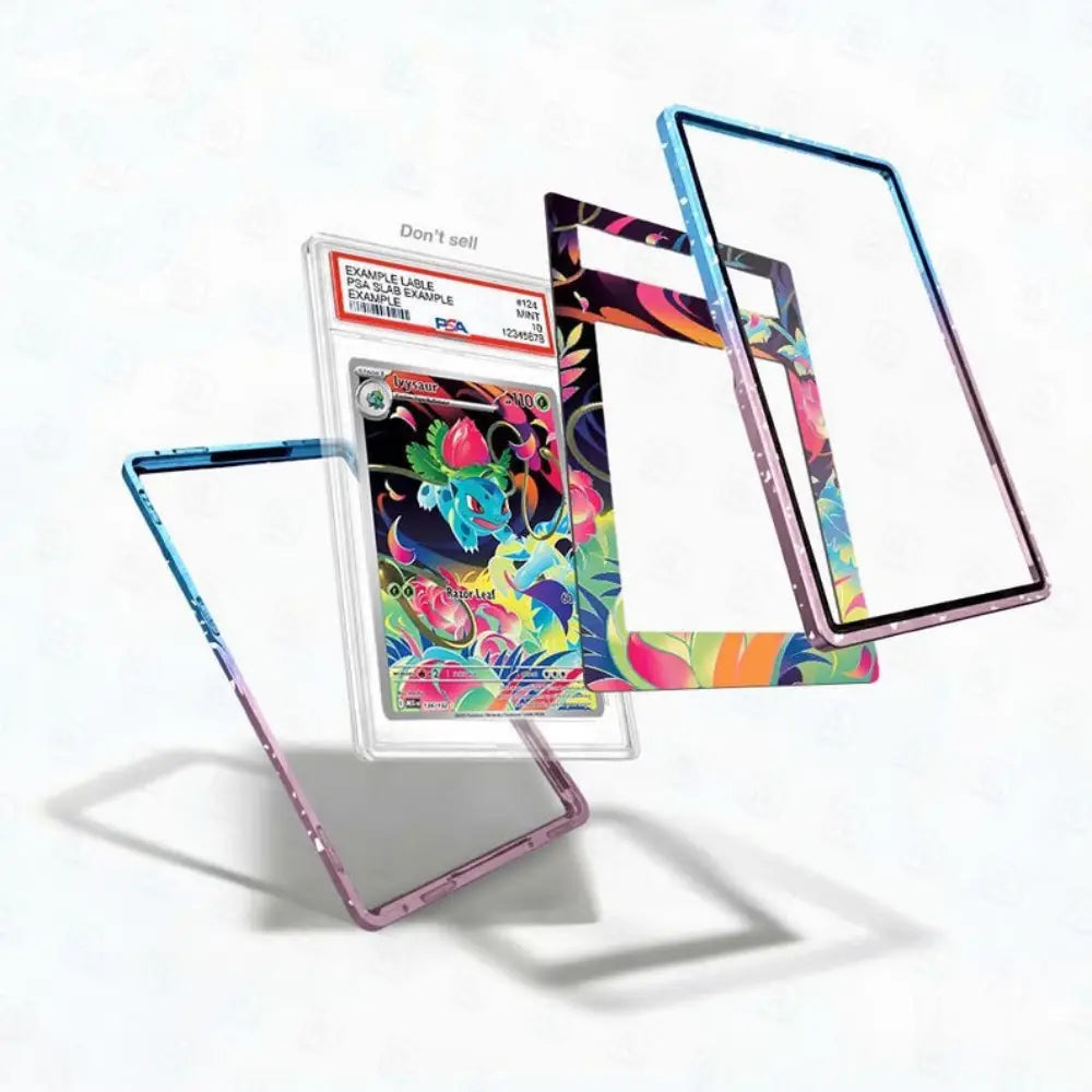 Colorful trading card with protective cases on a white background