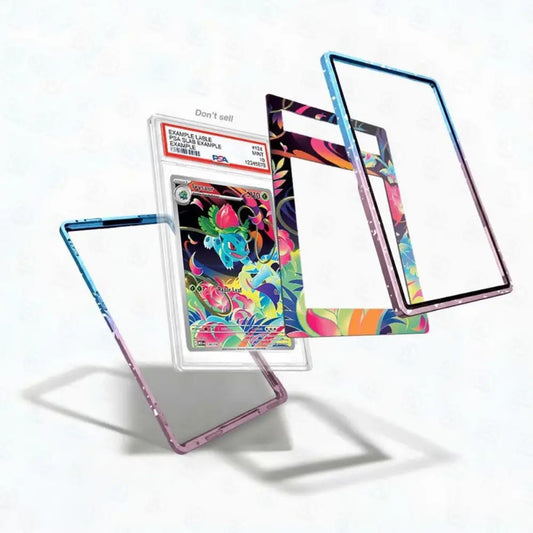 Colorful trading card with protective cases on a white background