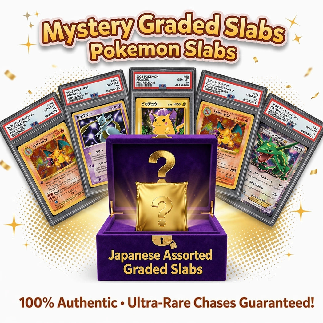 Pokémon trading card game slabs with a purple mystery box featuring a question mark on a white background.