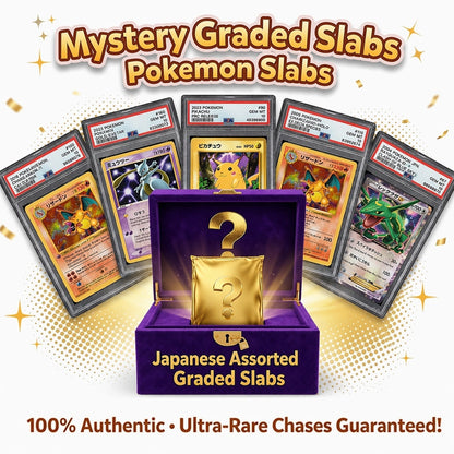 Pokémon trading card game slabs with a purple mystery box featuring a question mark on a white background.