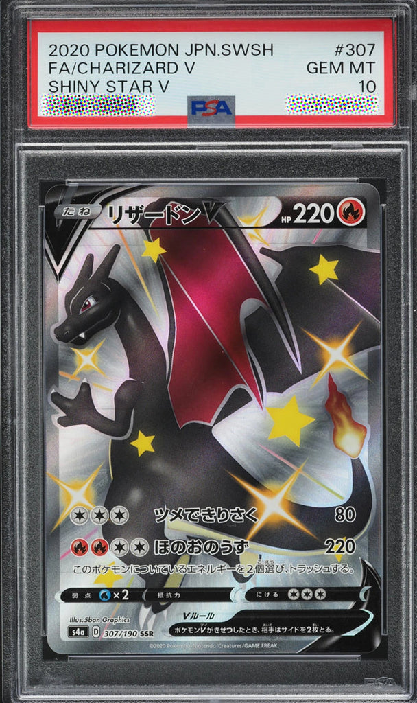 Pokémon trading card featuring Charizard V with a red and black design, encased in a protective holder.