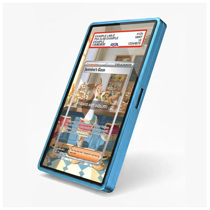 A blue protective smartphone case shown at an angle on a light gray background, with a sample e-commerce product mockup displayed on the screen.