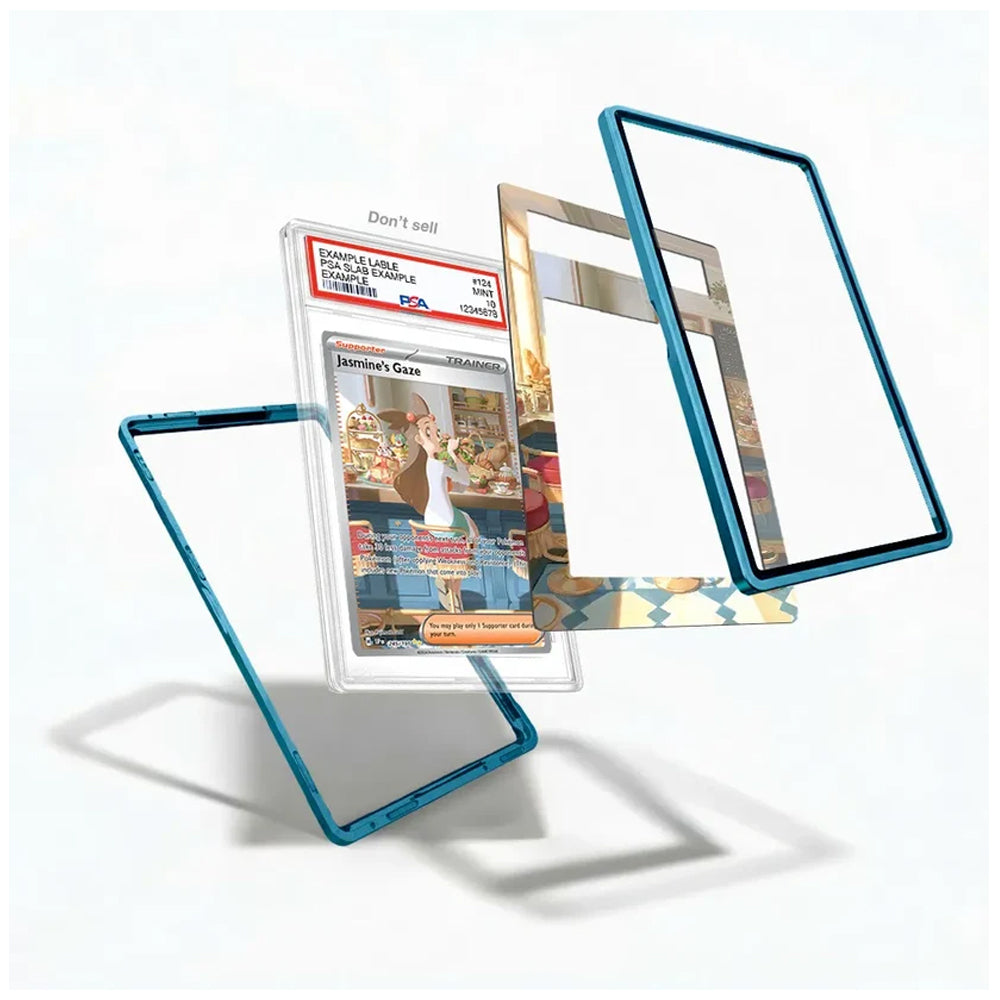 A set of replacement glass or acrylic phone case components arranged floating against a white background. One piece has a bright blue edge, another is clear with a dark border, and a third piece shows a vintage-style illustrated insert.