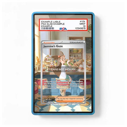 A PSA graded collectible card slab showing a 'Jasmine's Gaze' Superstar card, with a blue protective case border and a white PSA label at the top, photographed against a clean white background.