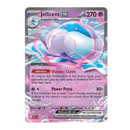 A single Pokémon trading card for the Jellicent EX, featuring artwork of a pink and blue jellyfish-like creature. The card includes status text, attack text, and Pokémon branding at the bottom.