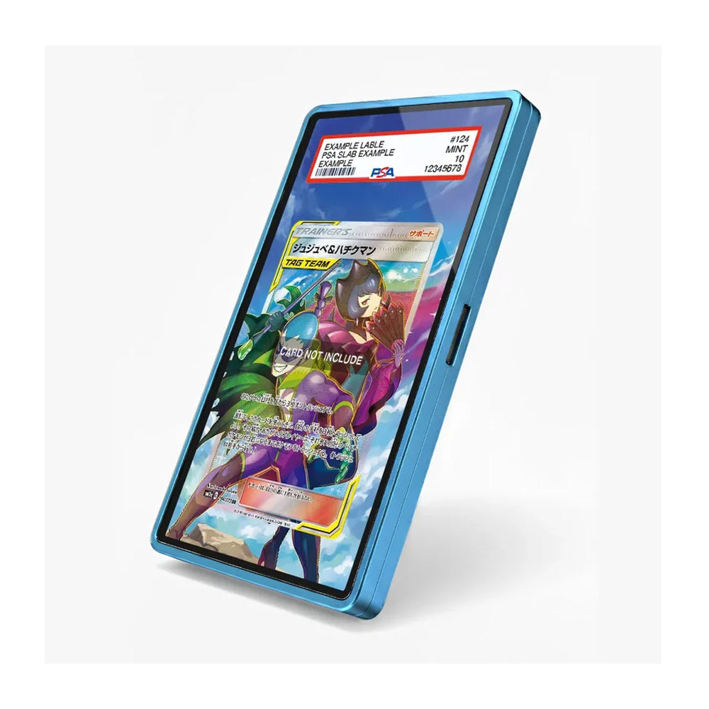 A blue protective phone case shown on a smartphone, featuring a sample Pokémon trading card displayed on the screen against a clean white background.
