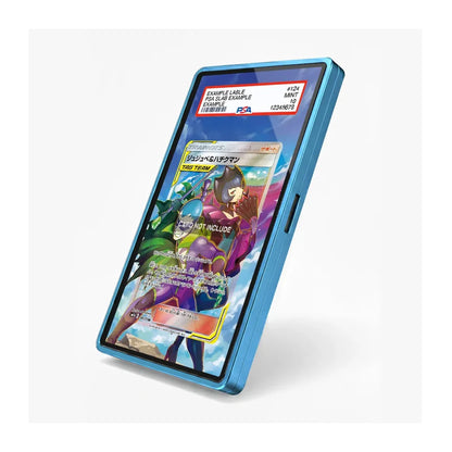 A blue protective phone case shown on a smartphone, featuring a sample Pokémon trading card displayed on the screen against a clean white background.