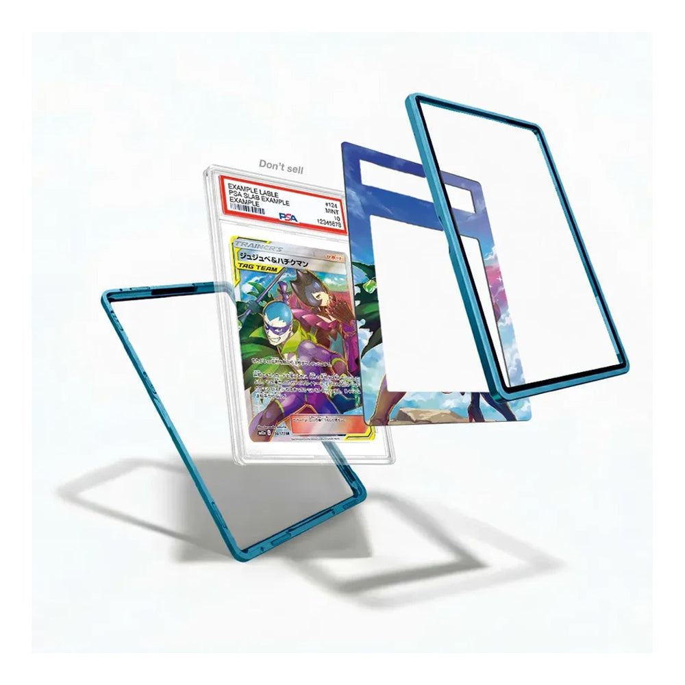 A set of custom acrylic display frames with a translucent teal blue border, shown floating around a graded Pokémon TCG card on a clean white background.