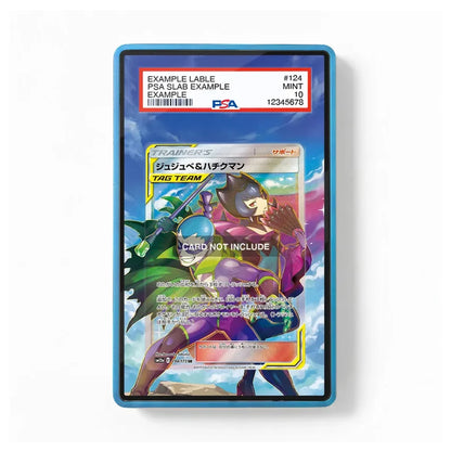 A PSA graded protective card slab containing a Pokémon Trainer TCG card, shown against a plain white background. The slab has a blue border and a red PSA grading label at the top.