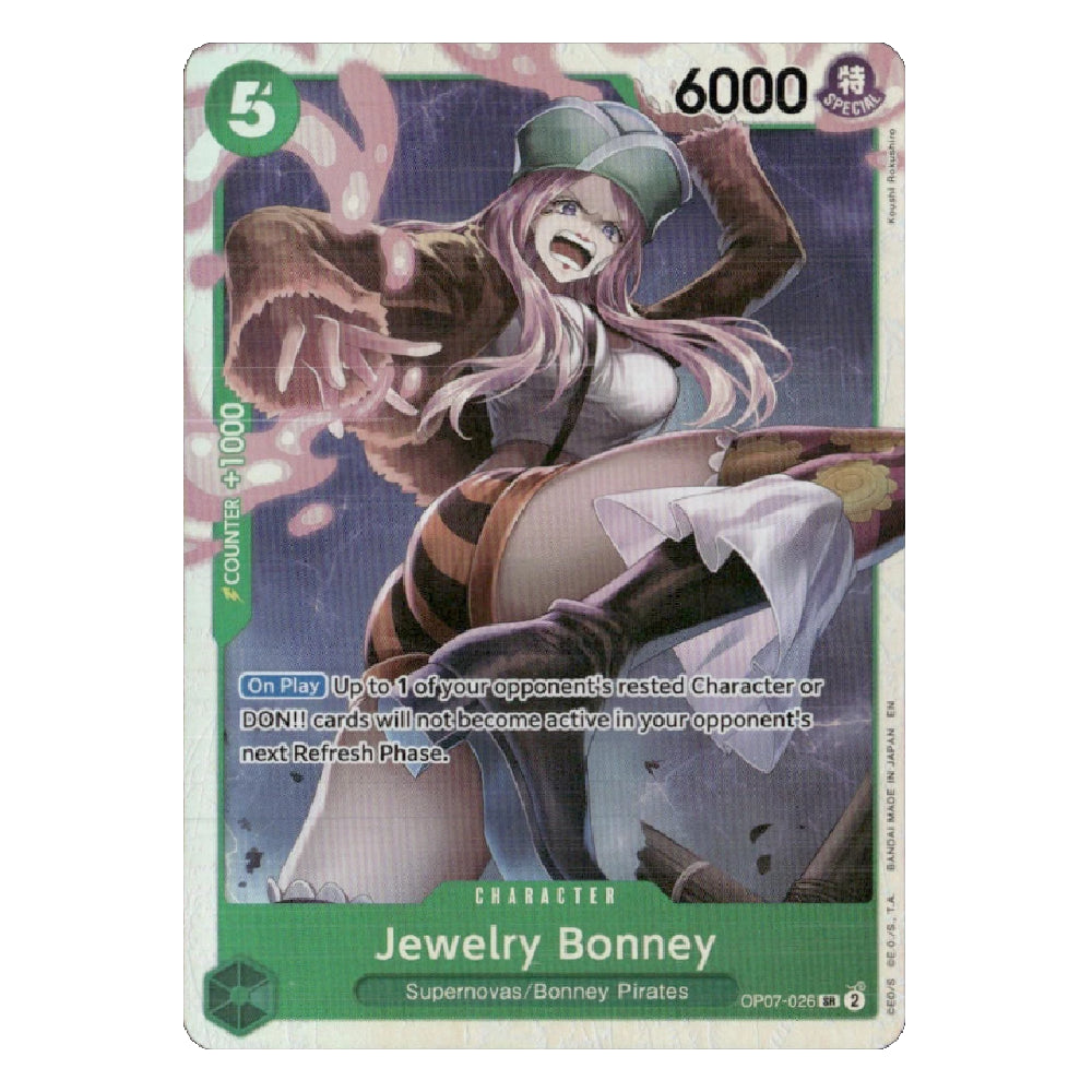 A single trading card featuring the character Jewelry Bonney from the anime franchise. The card has a green border with the character's name and stats printed on it, and the artwork shows Bonney in a dynamic pose with pink hair and a green hat against a dark purple background.