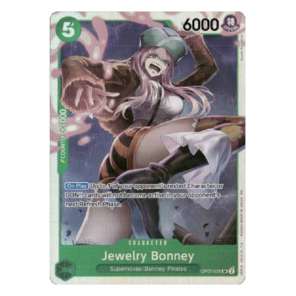 A single trading card featuring the character Jewelry Bonney from the anime franchise. The card has a green border with the character's name and stats printed on it, and the artwork shows Bonney in a dynamic pose with pink hair and a green hat against a dark purple background.