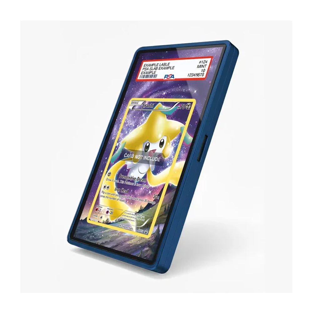A blue protective phone case shown at an angle on a light gray background, featuring a custom Starlight-themed Pokémon card design on the screen.