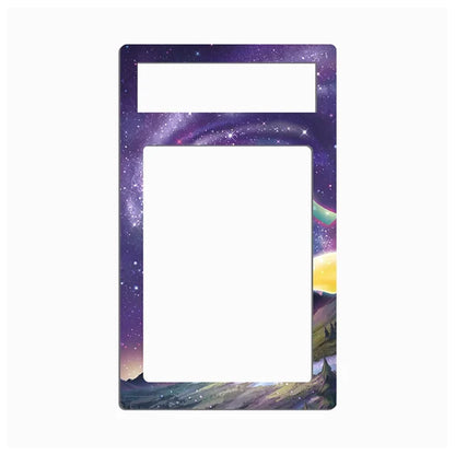 A rectangular decorative plate or frame with a colorful galaxy and landscape print, featuring a purple starry sky and a yellow moon, shown on a plain white background.