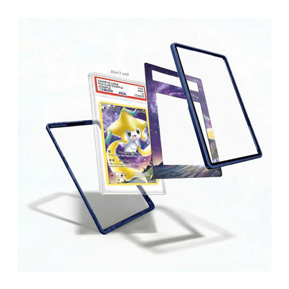 Three clear protective card sleeves with dark blue borders are shown floating around a graded Star Power card, demonstrating how the sleeves can be arranged and fitted. The background is a clean white studio setting with soft shadows.
