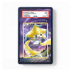 A PSA graded display slab containing a holographic Pokémon TCG card featuring a yellow star character on a purple starry background. The slab has a clear front and a white PSA grading label at the top with red text.
