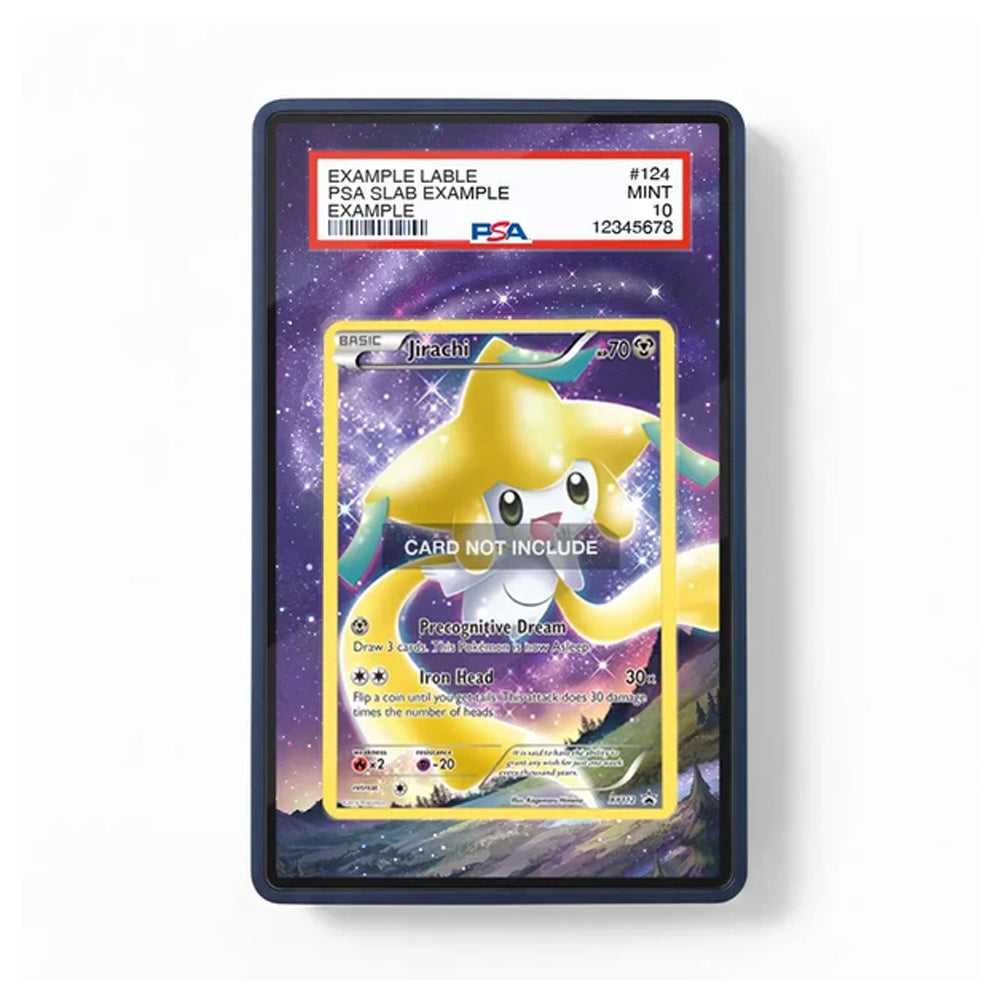 A PSA graded display slab containing a holographic Pokémon TCG card featuring a yellow star character on a purple starry background. The slab has a clear front and a white PSA grading label at the top with red text.