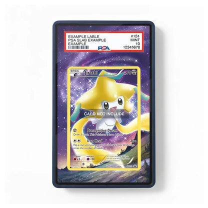 A PSA graded display slab containing a holographic Pokémon TCG card featuring a yellow star character on a purple starry background. The slab has a clear front and a white PSA grading label at the top with red text.
