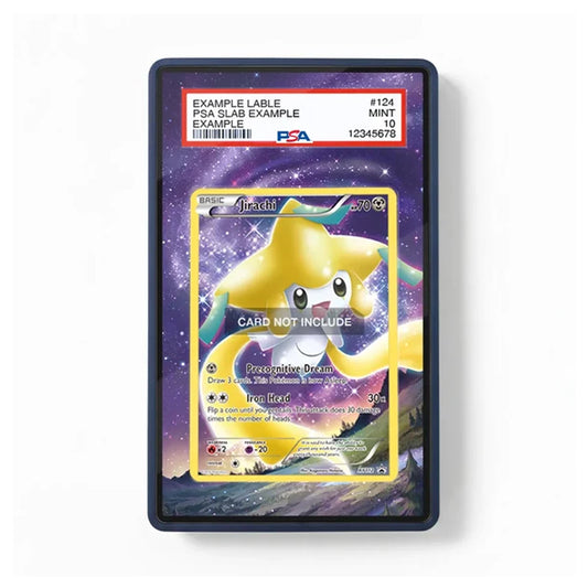 A PSA graded display slab containing a holographic Pokémon TCG card featuring a yellow star character on a purple starry background. The slab has a clear front and a white PSA grading label at the top with red text.