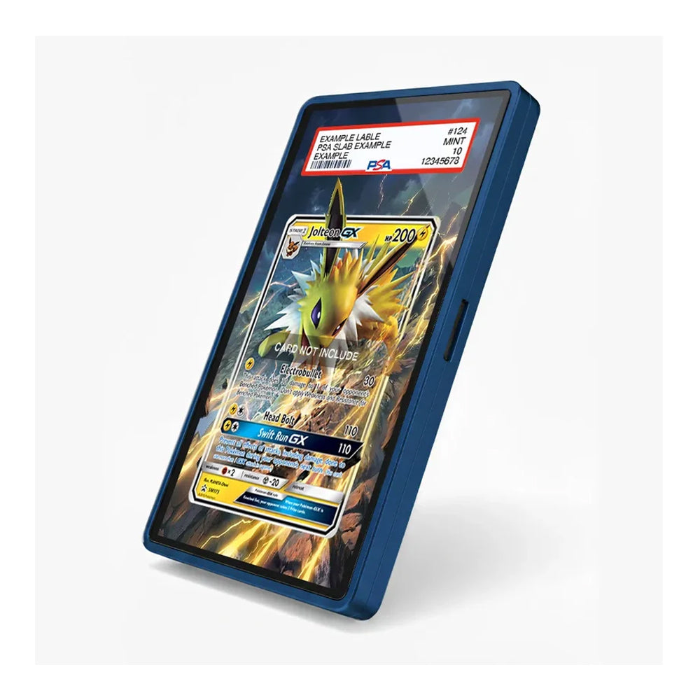 A blue protective case for a smartphone, shown standing upright at an angle. The screen of the phone is active and displays a Pokémon trading card graphic.