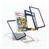 A set of protective plastic card sleeves and frames shown floating on a white background, with one sleeve holding a graded Pokémon card. The sleeves have dark blue borders and clear inner panels.