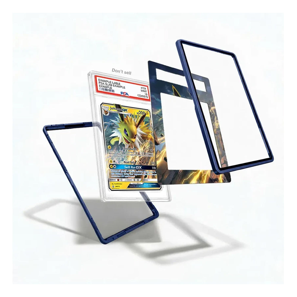 A set of protective plastic card sleeves and frames shown floating on a white background, with one sleeve holding a graded Pokémon card. The sleeves have dark blue borders and clear inner panels.