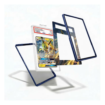 A set of protective plastic card sleeves and frames shown floating on a white background, with one sleeve holding a graded Pokémon card. The sleeves have dark blue borders and clear inner panels.