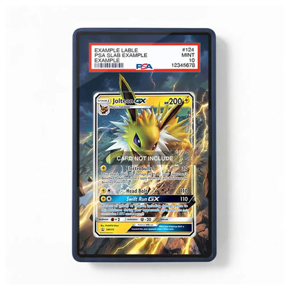 A framed or bordered display card showing a Pokémon Eevee trading card with a PSA grading label at the top. The card includes placeholder text such as 'EXAMPLE LABLE' and 'PGA SLAB EXAMPLE,' indicating a sample or mockup rather than an actual sellable graded card.