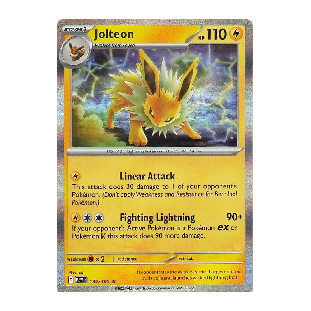 A holographic Pokémon trading card of Jolteon from the Evolving Skies expansion, featuring a yellow and orange Jolteon illustration with lightning effects, set against a clean white background.