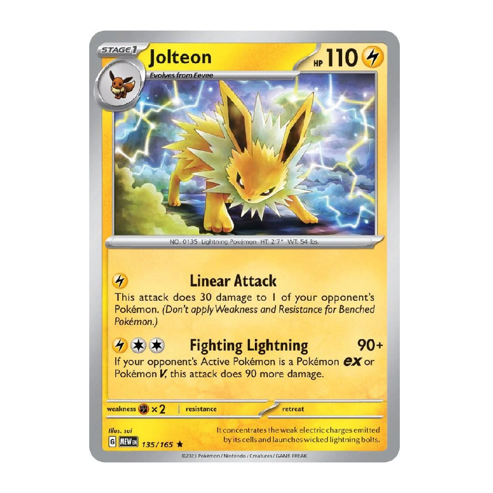 A single Pokémon trading card for Jolteon, shown flat against a plain white background. The card has a yellow and gray border, featuring artwork of a yellow electric fox surrounded by blue lightning, with text describing its attacks and stats.