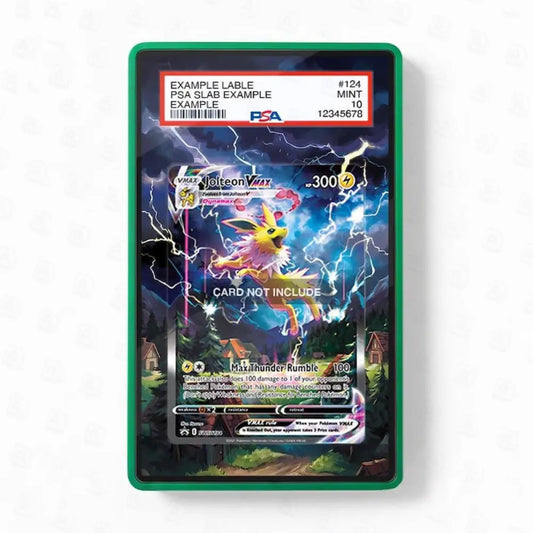 Pokémon trading card in a protective holder on a white background