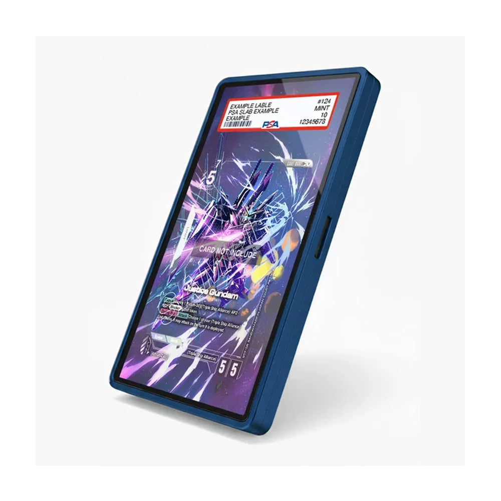 A blue protective phone case with a printed sample label on the screen, shown at an angle on a light gray background.