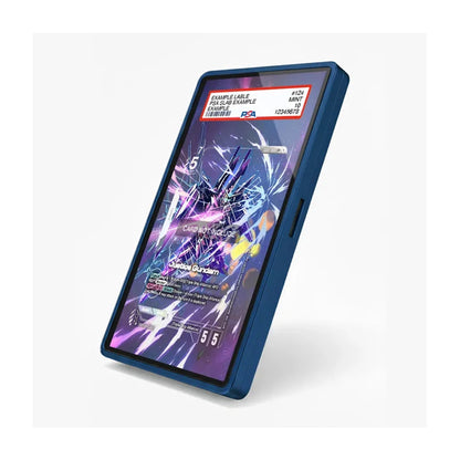 A blue protective phone case with a printed sample label on the screen, shown at an angle on a light gray background.