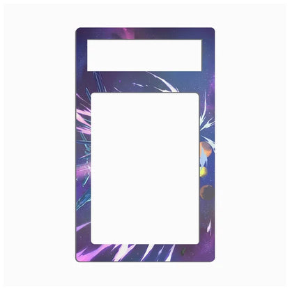 A rectangular decorative plate or frame with rounded corners, featuring a colorful cosmic print with purple, blue, and pink nebula-like patterns, shown on a plain white background.