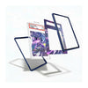 Three clear acrylic card protectors with dark blue borders are shown floating around a graded PSA card case on a white background.