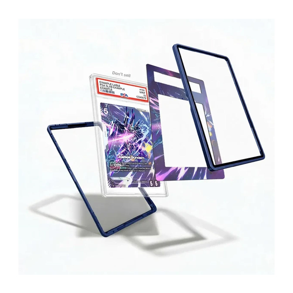 Three clear acrylic card protectors with dark blue borders are shown floating around a graded PSA card case on a white background.